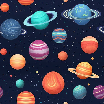 Planets in space seamless repeat pattern, cosmic cute

