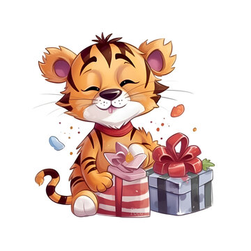 Cute tiger with gift box. Watercolor illustration isolated on white background.