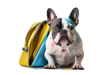 Back to school, cute sorry dog with a schoolbag covered with colorful paint stains, cut out and  isolated on transparent background, png file