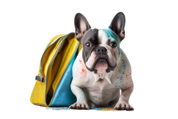 Back to school, cute sorry dog with a schoolbag covered with colorful paint stains, cut out and  isolated on transparent background, png file