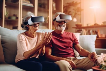 Obraz premium Senior mature couple having fun together with virtual reality headset on sofa in the living room.Generated with AI.