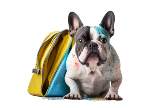 Back to school, cute sorry dog with a schoolbag covered with colorful paint stains, cut out and  isolated on transparent background, png file