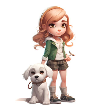 Cute girl with a dog on a white background. 3d rendering