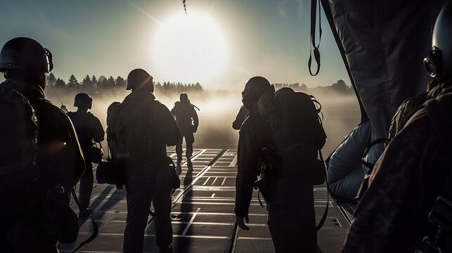 Illustration of paratroopers from the back about to jump in flight. Portrait of skydivers at the exit of the plane ready to jump. Realistic 3D illustration. Generative AI
