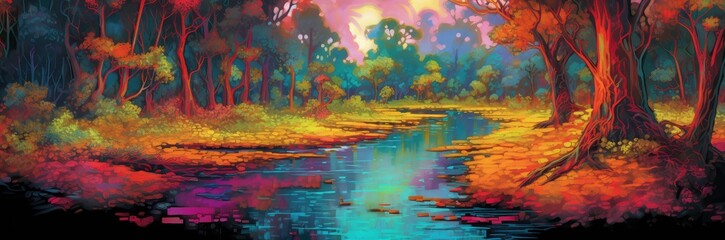 Fototapeta na wymiar In this vibrant painting, a river trail comes to life with an explosion of colors. The lush green trees line the riverbanks, their branches reaching towards the sky.
