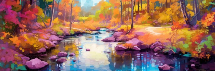 In this vibrant painting, a river trail comes to life with an explosion of colors. The lush green trees line the riverbanks, their branches reaching towards the sky.