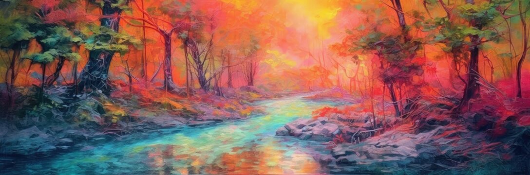 In this vibrant painting, a river trail comes to life with an explosion of colors. The lush green trees line the riverbanks, their branches reaching towards the sky. © Photo And Art Panda