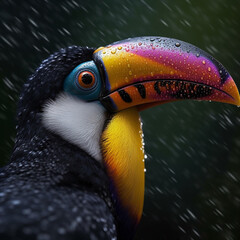 portrait of toucan in the rain over a dark background