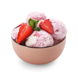 Bowl of delicious ice cream scoops with fresh strawberries and mint isolated on white background