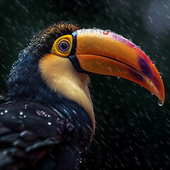 Naklejka premium portrait of toucan in the rain over a dark background