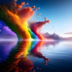 Obraz na płótnie Canvas rainbow explosion over beautiful landscape with water, sky and mountains. LGBTQ+ concept, created with AI generative tools