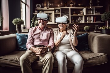 Obraz premium Senior mature couple having fun together with virtual reality headset on sofa in the living room.Generated with AI.