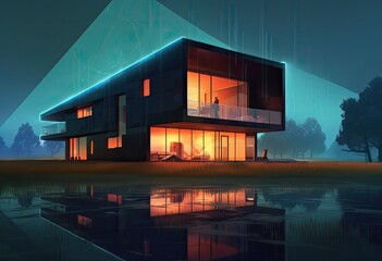 A house stands alone in a vast field, emanating a futuristic and technological glow. The architectural design combines sleek lines and cutting-edge materials.
