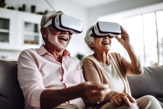 Senior mature couple having fun together with virtual reality headset on sofa in the living room.Generated with AI.
