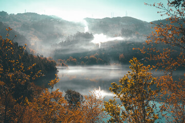 morning river landscape with morning fog