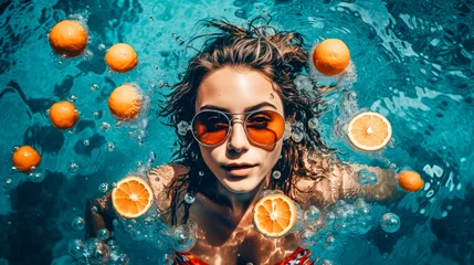 Poster Beautiful Girl Floating On Water With Fresh Tropical Fruits. Resort, spa concept. Generative AI.  © zamuruev