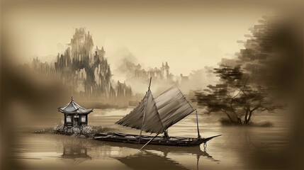 Fototapeta na wymiar Generative AI illustration of Chinese Japanese Sumi-e style of Asian landscape peaceful Zen Buddhist image