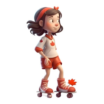 Illustration of a cute little girl on roller skates with a maple leaf