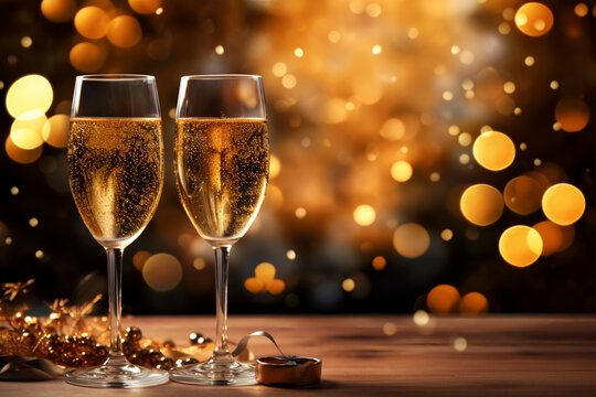 two champagne flutes on the table with gold bokeh lights in the background created with AI generative tools