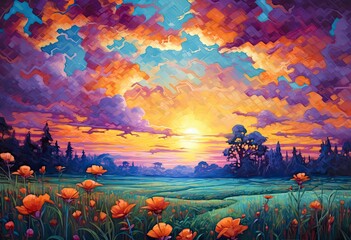 Anime painting portrays a serene scene of clouds drifting over an open field. The clouds are depicted with soft, fluffy strokes, creating a dreamlike atmosphere.