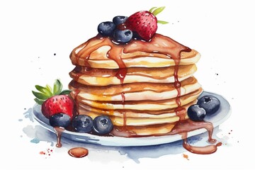 Digital watercolor pancake illustration with transparent background. Clipart art. Generative AI - obrazy, fototapety, plakaty
