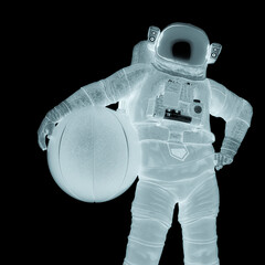astronaut is holding a basketball ball and ready to play