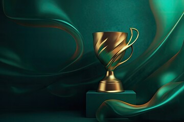 winning trophy is depicted floating on a vibrant green background. The trophy is crafted with intricate details - obrazy, fototapety, plakaty