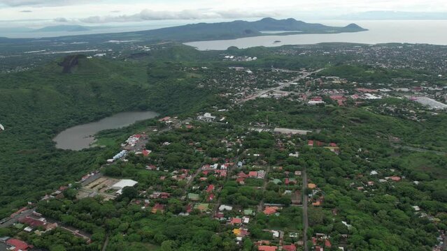 Aerial hyperlapse of managua  city Nicaragua with volcanic landscape going down