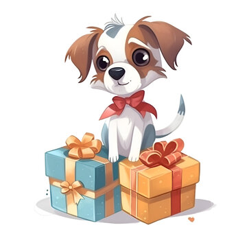 Cute puppy with gift boxes. Vector illustration isolated on white background.