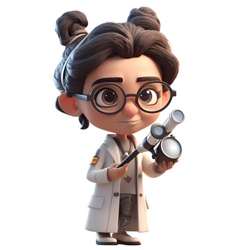 3D illustration of a cute cartoon scientist with binoculars.
