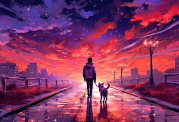 Anime-style painting, a young man with spiky hair is depicted walking his dog along a winding path. The vibrant colors and expressive lines bring the scene to life.