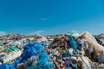 Environmental disaster. Plastic scrap in landfill. 