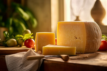 Parmesan cheese, known as Parmigiano Reggiano italian hard cheese in the kitchen. Generative Ai