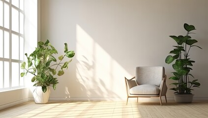 white room with minimalistic design. A comfortable chair sits in the corner, inviting relaxation and contemplation. The room is adorned with lush green plants, bringing a touch of nature indoors.