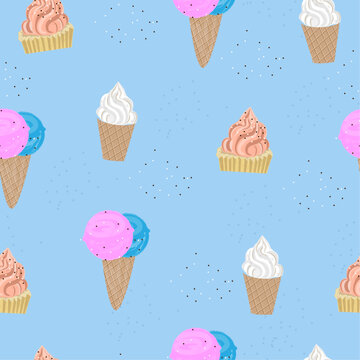ice cream seamless pattern: pink, white and blue balls of ice cream. vector graphics for fabric, papier or background