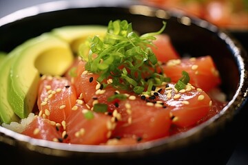 Poke bowl with red fish, avocado and greens, close-up. Generated by AI.