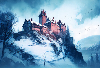 Medieval castle, fortress, in the mountains. Winter landscape in a watercolor style. AI generated.