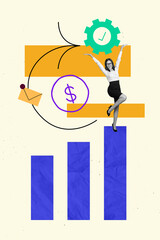 Obraz premium Vertical composite creative design collage of funky young woman hands hold mechanical gear good result stats isolated on beige background