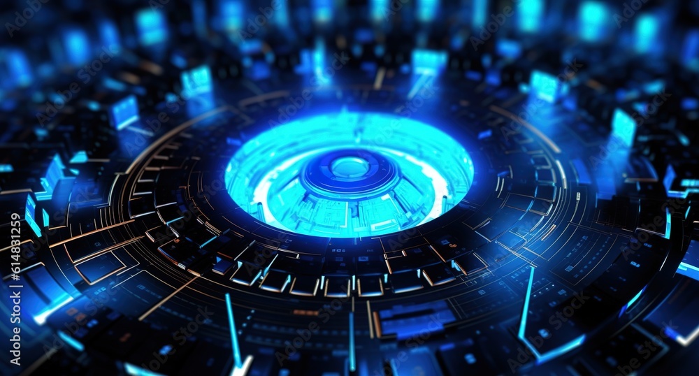 Poster abstract style on a blue background. display in futuristic cyberpunk style...