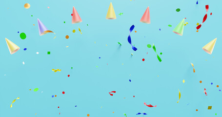 Birthday.Cap cones falling confetti on a blue background. 3d rendering