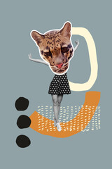 Vertical illustration poster collage picture of headless girl wear mask wild leopard dancing new...