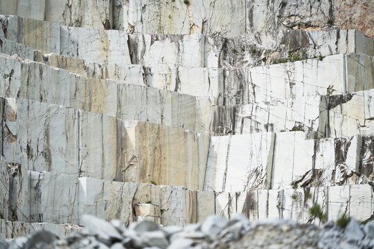 CARRARA, ITALY - June 10, 2023: View of industrial marble quarry site in Carrara