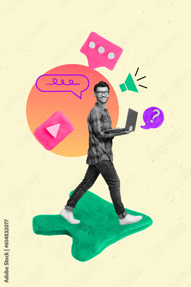Aufkleber collage illustration of funny young blogger work man hold netbook smm manager use laptop analyze you