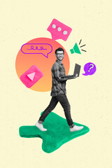 Collage illustration of funny young blogger work man hold netbook smm manager use laptop analyze...