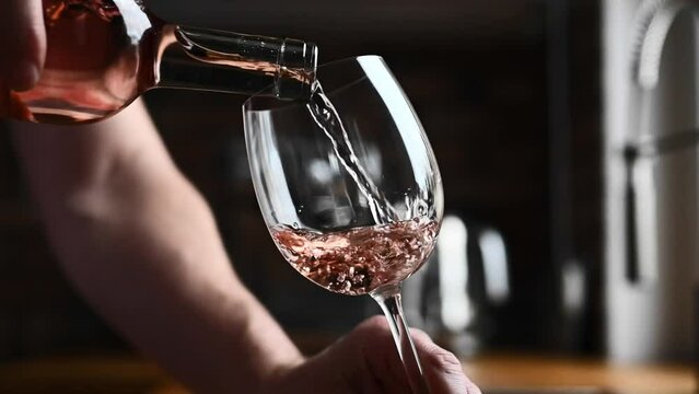 Man pouring white wine to glasses from bottle at kitchen