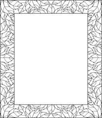 Vertical frame of leaves - vector linear picture for coloring or design. Outline. Rectangular frame of leaves for a coloring book or decoration of drawings or text.