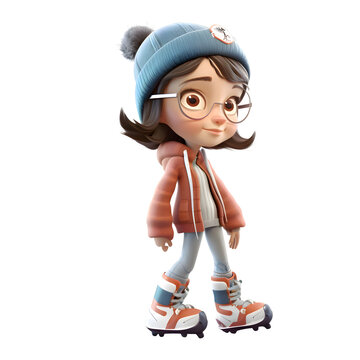 3d illustration of a cute girl on skates. isolated white background