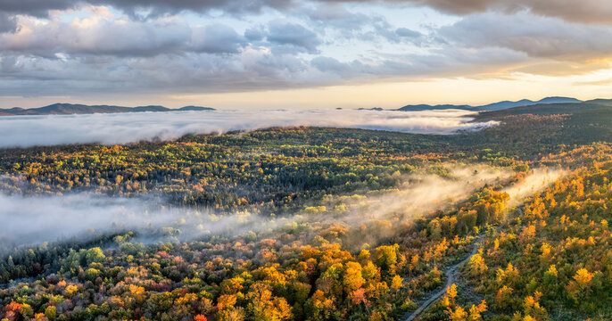 Sunrise fog on the Rangeley Lakes Scenic Byway - autumn scenic drive - Maine - Shelton Noyes Overlook area
