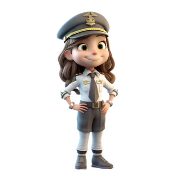 3D Render of a Little Police Girl with Captain's hat and uniform
