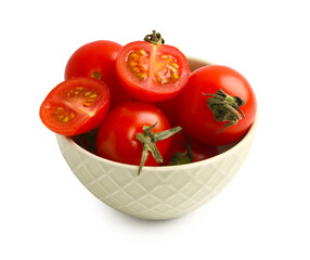 Bowl with fresh cherry tomatoes on white background